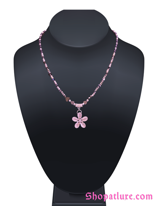 Pretty Silver Flower Crystal Beaded Necklace