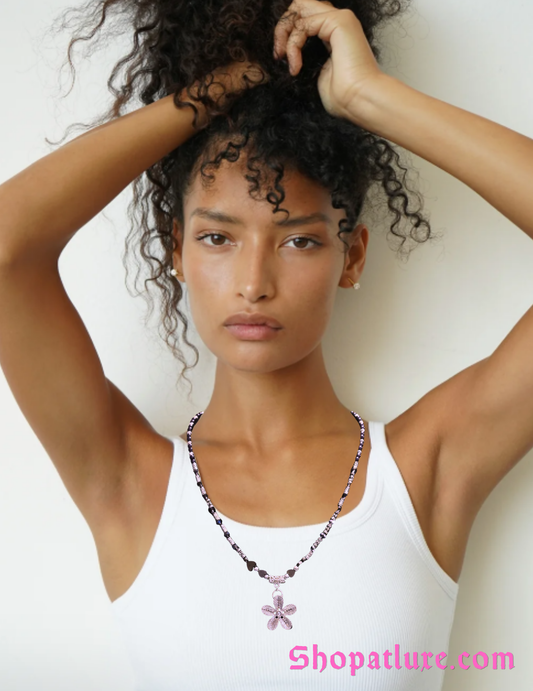 Pretty Silver Flower Crystal Beaded Necklace