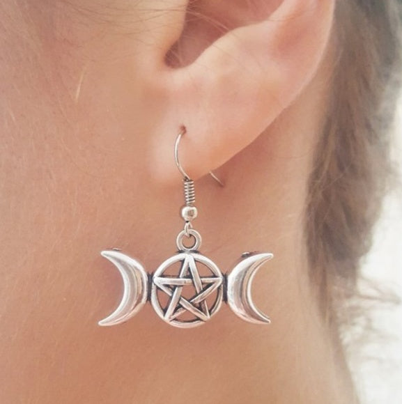 Triple Moon Goddess Pentacle Earrings