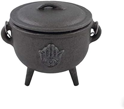 Cast Iron Cauldron with Lid and Carry Handle for Spells Wax Melt Burner, Smudging, Ritual & Blessings | Includes 6 Free Incense Smudge Cups (4.5 Inch, Pentagram)