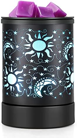 inrorans Sun Moon Star Electric Oil Warmer Black Metal Wax Warmer for Scented Wax with 7 Colors Changing LED nightLight PTC Element Reusable Silicone Liner Scented Wax Warmer for Home Decor…