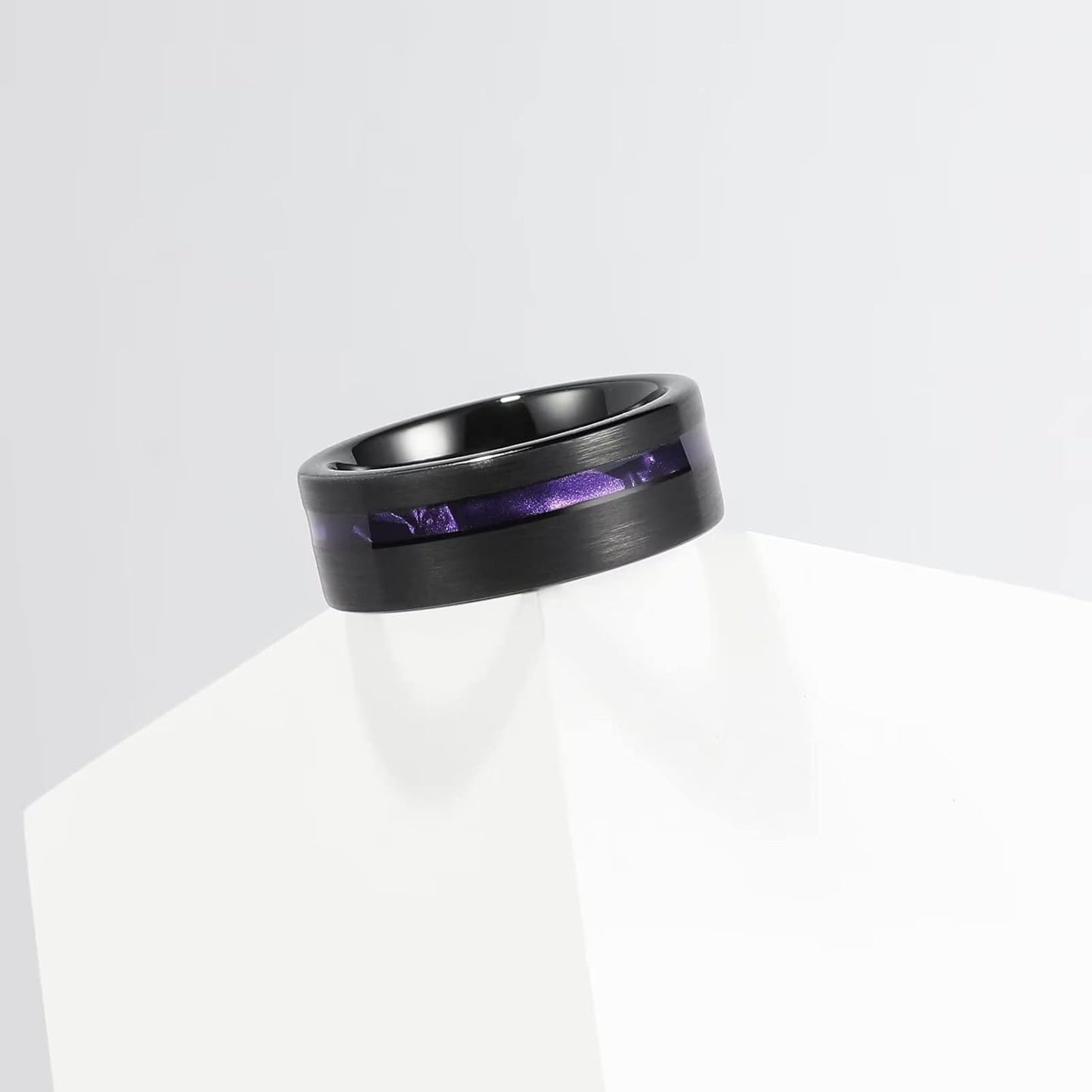 King Will 8mm Wood/Red Opal/Gold Foils/Purple Meteorite Inlaid Black Tungsten Carbide Rings Wedding Band Brushed Hammered Men’s Engagement Ring Comfort Fit for Men Women