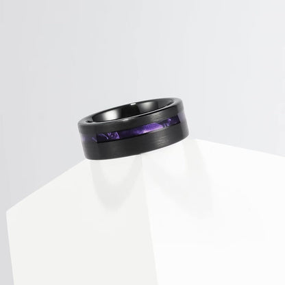 King Will 8mm Wood/Red Opal/Gold Foils/Purple Meteorite Inlaid Black Tungsten Carbide Rings Wedding Band Brushed Hammered Men’s Engagement Ring Comfort Fit for Men Women