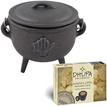 Cast Iron Cauldron with Lid and Carry Handle for Spells Wax Melt Burner, Smudging, Ritual & Blessings | Includes 6 Free Incense Smudge Cups (4.5 Inch, Pentagram)