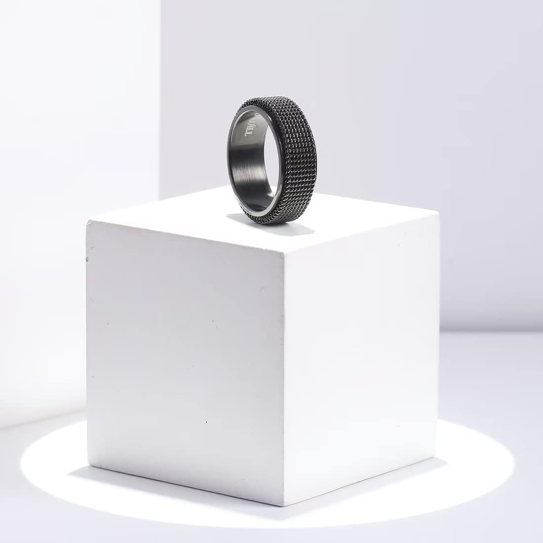 King Will Black Silver Gold Mens Spinner Anxiety Fidget Ring 8mm Stainless Steel Wire Mesh Chain Woven Mesh/Tire Stripe/Groove Ring for Stress Relieving
