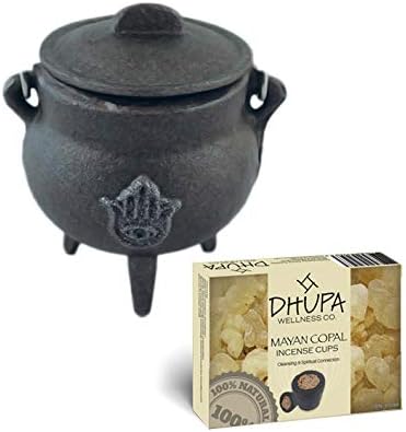 Cast Iron Cauldron with Lid and Carry Handle for Spells Wax Melt Burner, Smudging, Ritual & Blessings | Includes 6 Free Incense Smudge Cups (4.5 Inch, Pentagram)