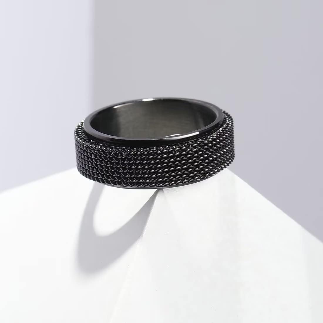 King Will Black Silver Gold Mens Spinner Anxiety Fidget Ring 8mm Stainless Steel Wire Mesh Chain Woven Mesh/Tire Stripe/Groove Ring for Stress Relieving