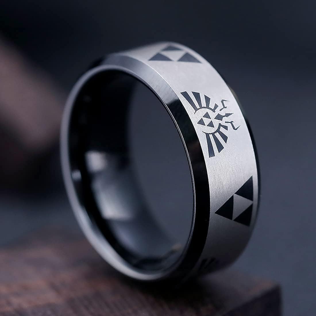 King Will 8mm Mens Black/Blue Tungsten Carbide Wedding Ring The Legend of Zelda Ring Matte Finished Plated Stepped Beveled Edges