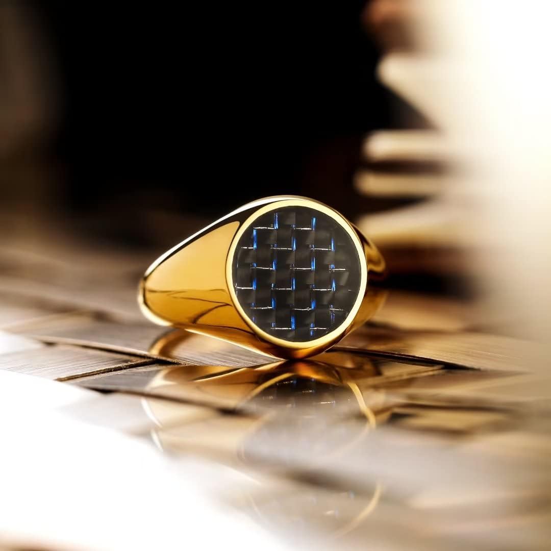 King Will GENTLEMAN Gold Signet Ring Solid Polished Stainless Steel Ring Blue Black Carbon Fiber Inlay