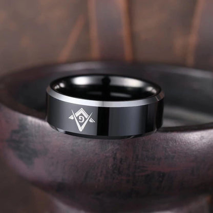 King Will CLASSIC 8mm Black Men's Tungsten Carbide Ring Polished Masonic Compass Square Free Mason