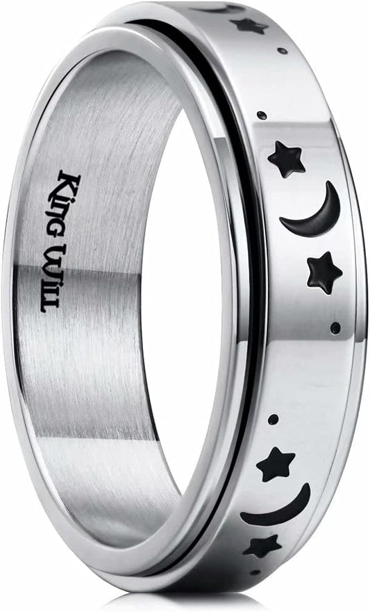 King Will 6mm 7mm 8mm Silver Black Stainless Steel Ring Spinner Ring Anxiety Relief Wedding Ring For Men Women Forest Elk Deer Family/Moon Star/Skull Head/Evil Eye/Poker Pattern