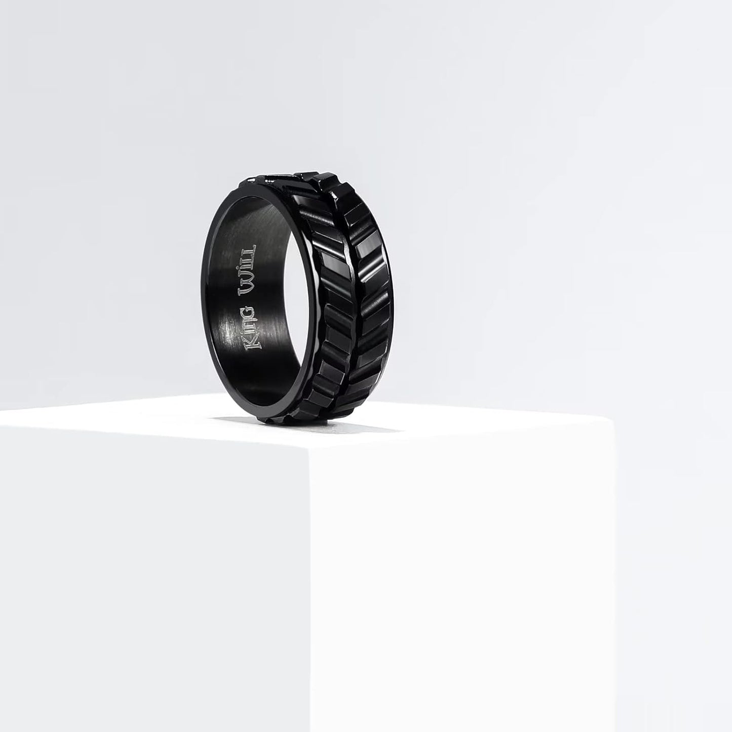 King Will Black Silver Gold Mens Spinner Anxiety Fidget Ring 8mm Stainless Steel Wire Mesh Chain Woven Mesh/Tire Stripe/Groove Ring for Stress Relieving