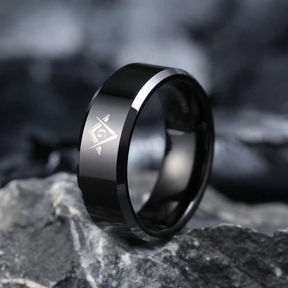King Will CLASSIC 8mm Black Men's Tungsten Carbide Ring Polished Masonic Compass Square Free Mason