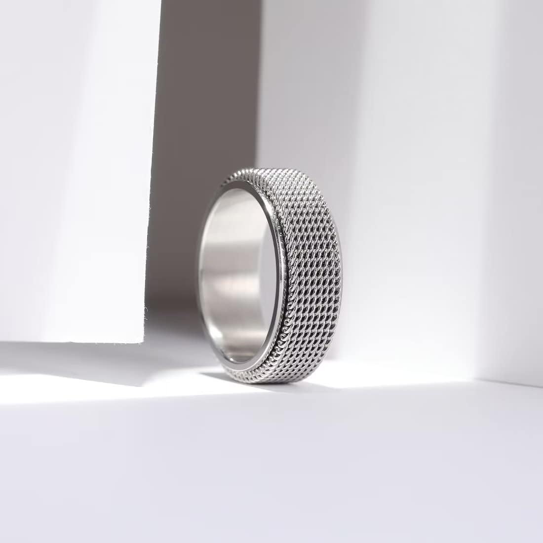 King Will Black Silver Gold Mens Spinner Anxiety Fidget Ring 8mm Stainless Steel Wire Mesh Chain Woven Mesh/Tire Stripe/Groove Ring for Stress Relieving