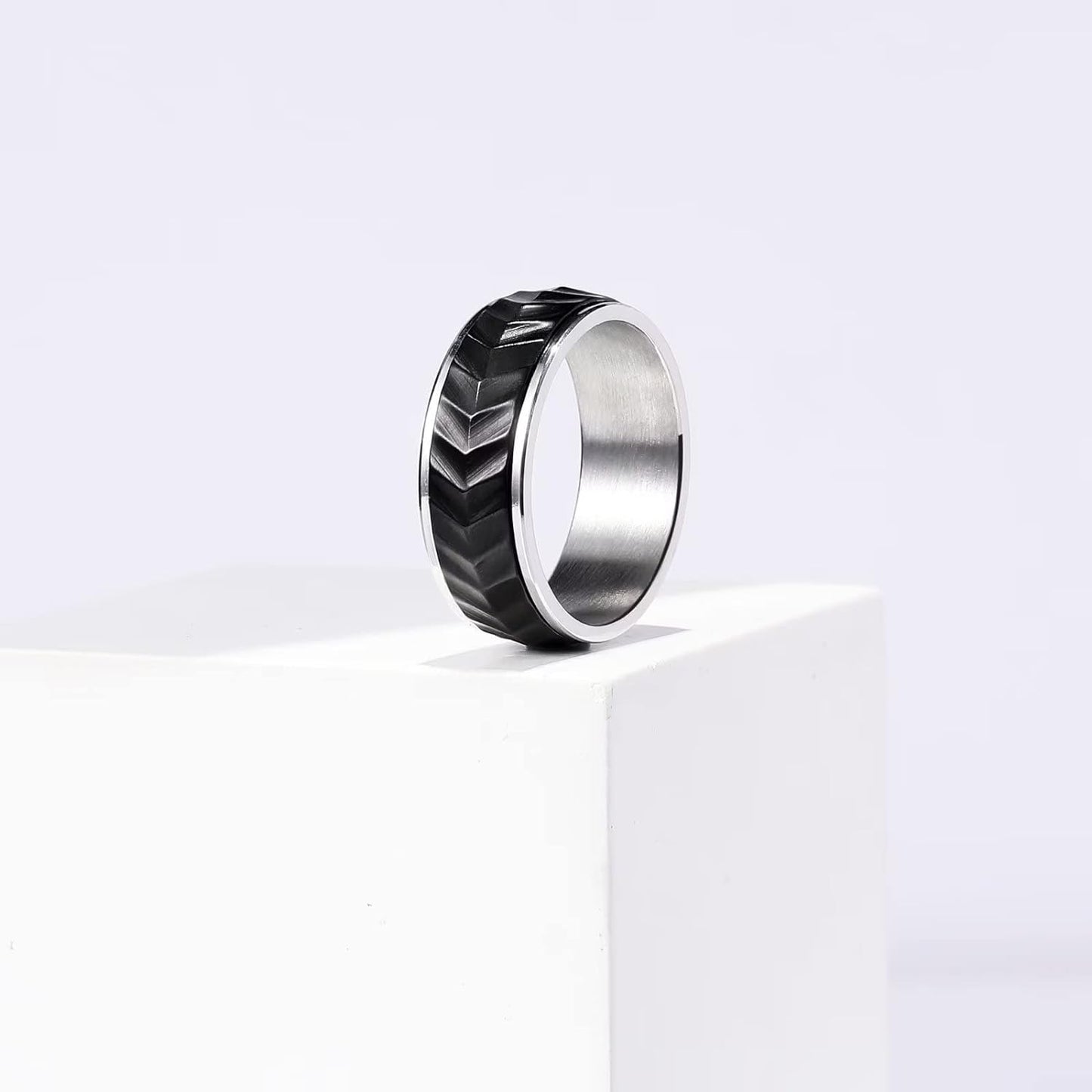 King Will Black Silver Gold Mens Spinner Anxiety Fidget Ring 8mm Stainless Steel Wire Mesh Chain Woven Mesh/Tire Stripe/Groove Ring for Stress Relieving