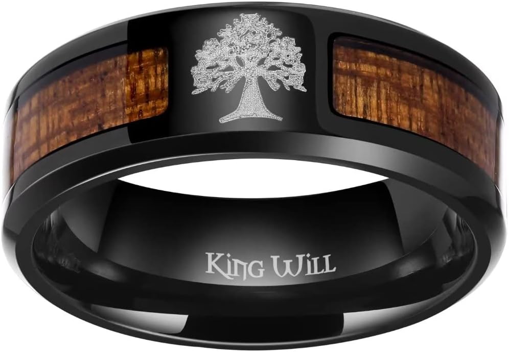 King Will 8mm Black Titanium Ring Wood/Blue Opal Inlaid Laser Tree/Diver Wedding Ring High Polished for Women Men Beveled Polished Edge