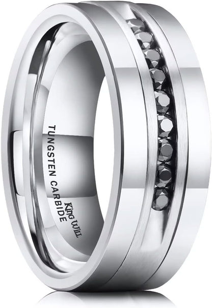 King Will GEM Mens 8mm Black Polished Finish Tungsten Carbide Ring Cubic Zircon Stones Flat Style