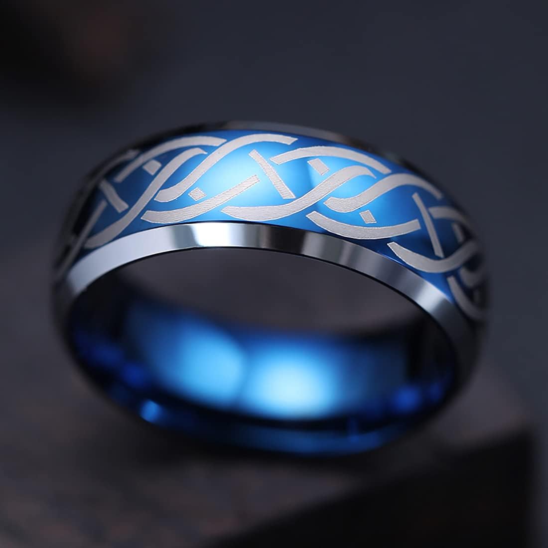 King Will 8mm Black/Silver/Blue Mens Tungsten Carbide Ring Laser Celtic Knot/Wolf Head/Dragon Polish Edge Wedding Band Size 7-14