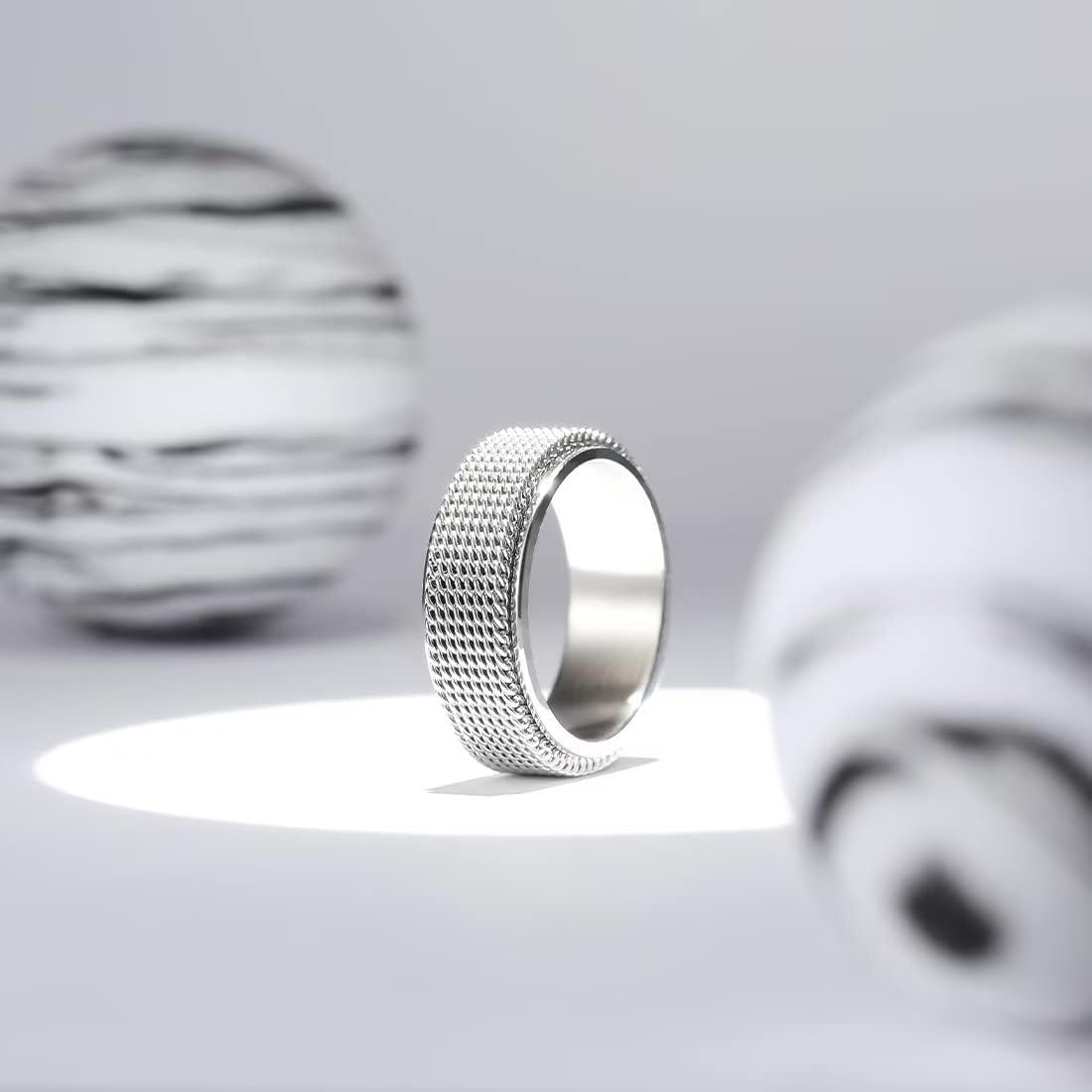 King Will Black Silver Gold Mens Spinner Anxiety Fidget Ring 8mm Stainless Steel Wire Mesh Chain Woven Mesh/Tire Stripe/Groove Ring for Stress Relieving