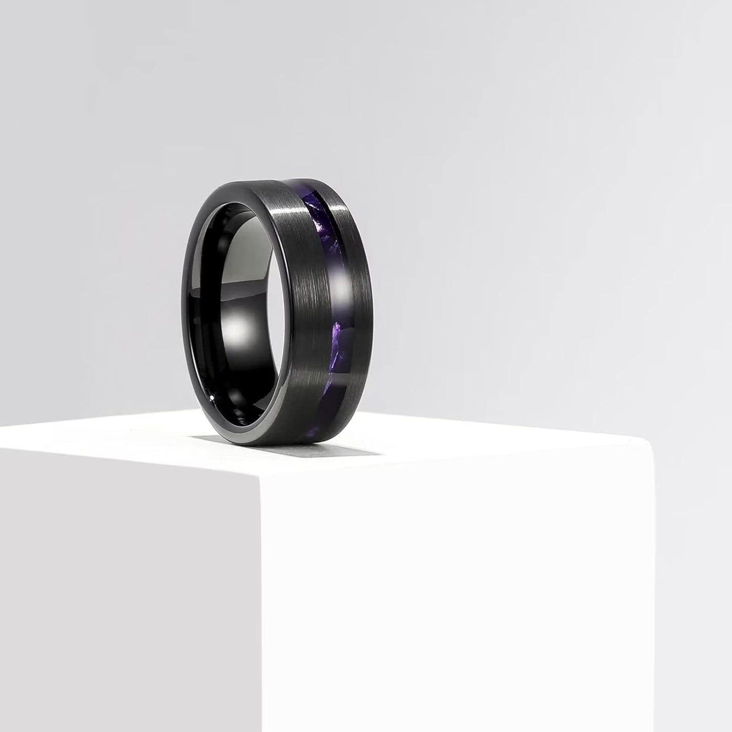 King Will 8mm Wood/Red Opal/Gold Foils/Purple Meteorite Inlaid Black Tungsten Carbide Rings Wedding Band Brushed Hammered Men’s Engagement Ring Comfort Fit for Men Women