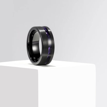 King Will 8mm Wood/Red Opal/Gold Foils/Purple Meteorite Inlaid Black Tungsten Carbide Rings Wedding Band Brushed Hammered Men’s Engagement Ring Comfort Fit for Men Women