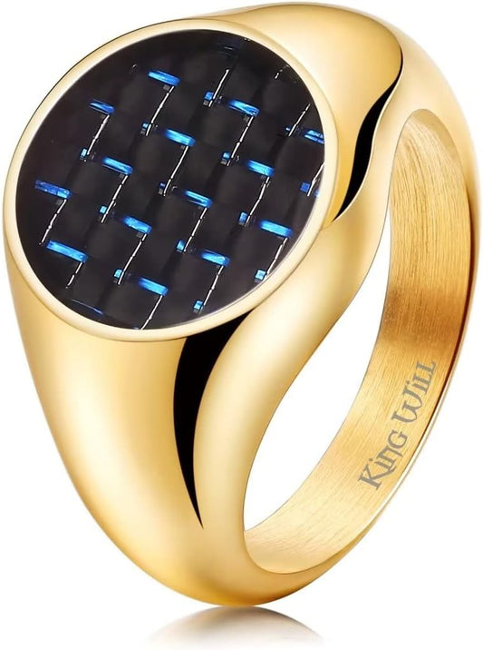 King Will GENTLEMAN Gold Signet Ring Solid Polished Stainless Steel Ring Blue Black Carbon Fiber Inlay