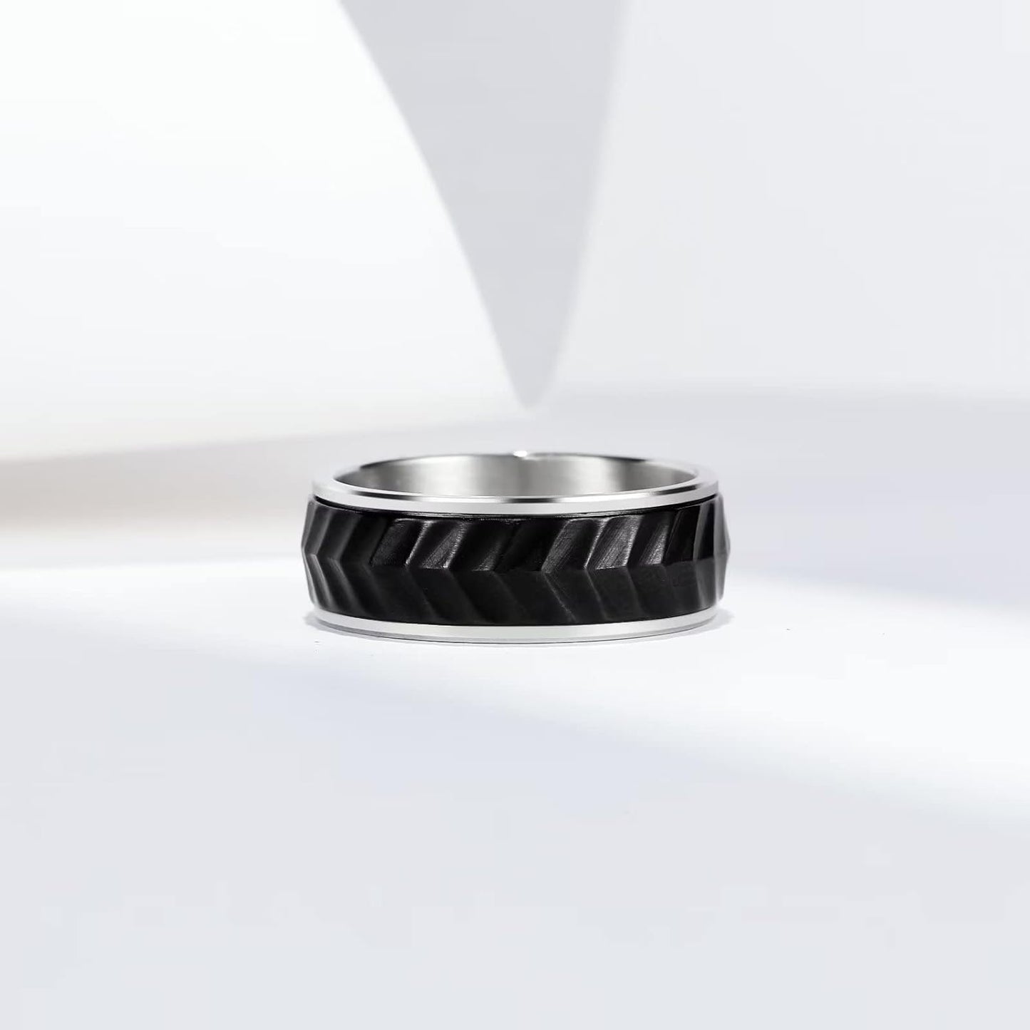 King Will Black Silver Gold Mens Spinner Anxiety Fidget Ring 8mm Stainless Steel Wire Mesh Chain Woven Mesh/Tire Stripe/Groove Ring for Stress Relieving