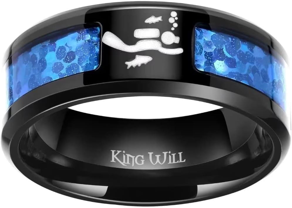 King Will 8mm Black Titanium Ring Wood/Blue Opal Inlaid Laser Tree/Diver Wedding Ring High Polished for Women Men Beveled Polished Edge