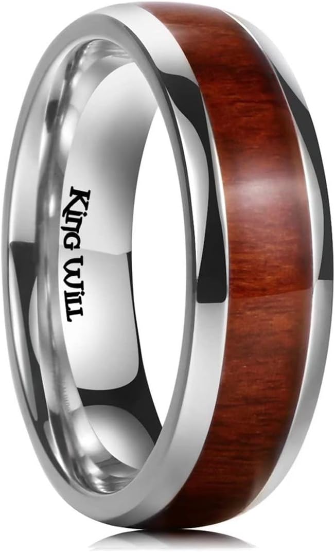 King Will NATURE 7mm 8mm Titanium Ring Black/Silver/Green with Wood Inlay Wedding Band Ring for Men Real Comfort Fit