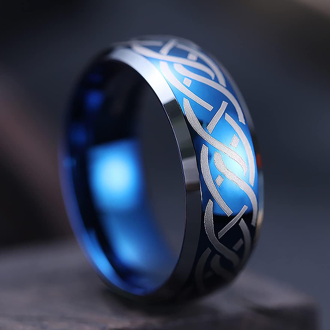 King Will 8mm Black/Silver/Blue Mens Tungsten Carbide Ring Laser Celtic Knot/Wolf Head/Dragon Polish Edge Wedding Band Size 7-14