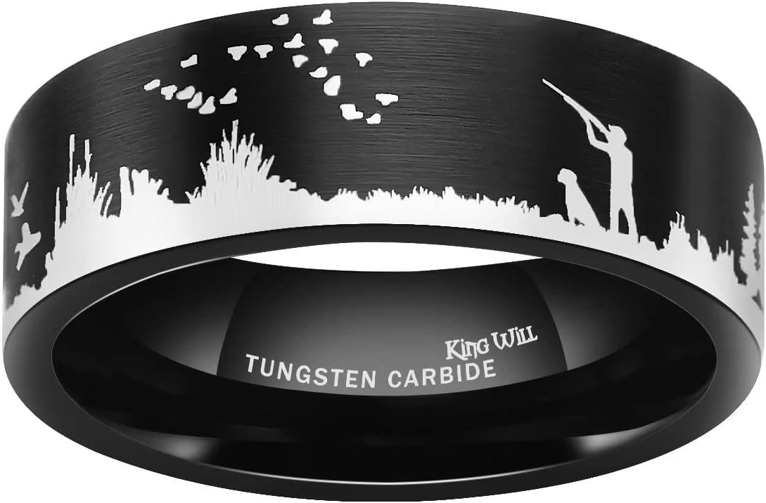 King Will Mens 6mm 8mm Black Silver Tungsten Carbide Wedding Ring Inlaid Lasered Seagull/Forest Landscap/Panda/Deer/Hunting/Fly Fishing Brushed Wedding Rings for Men Women