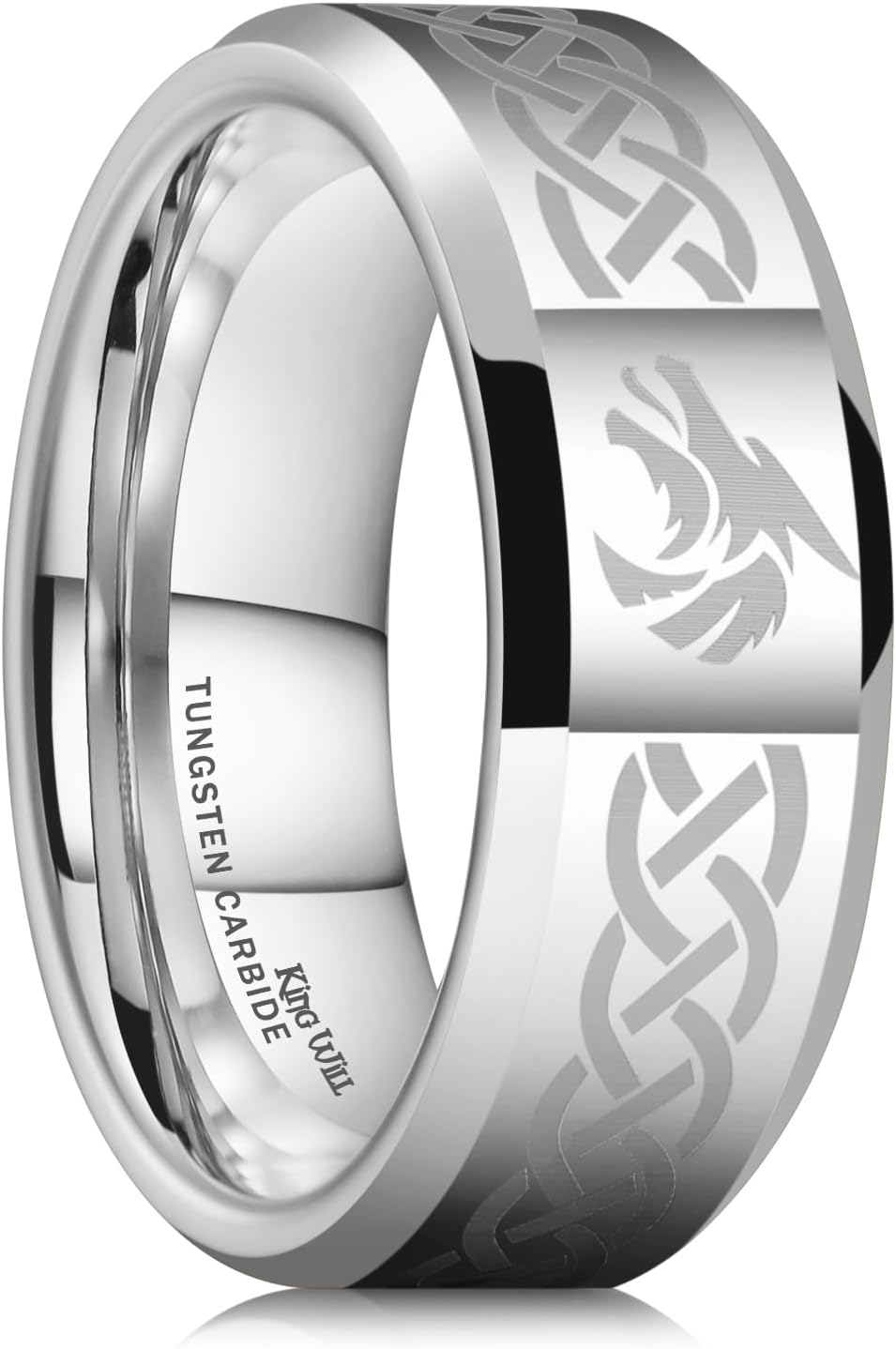 King Will 8mm Black/Silver/Blue Mens Tungsten Carbide Ring Laser Celtic Knot/Wolf Head/Dragon Polish Edge Wedding Band Size 7-14