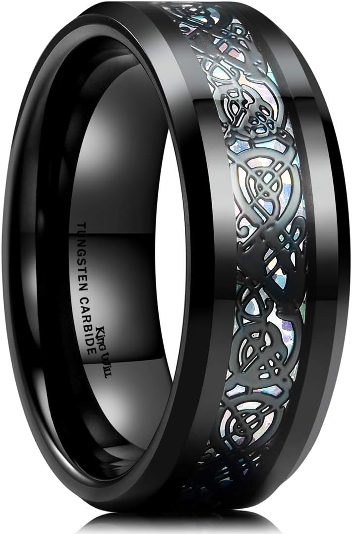 King Will Men's 8mm Green/Red/Blue/Purple Carbon Fiber Black Celtic Dragon Tungsten Carbide Ring Comfort Fit