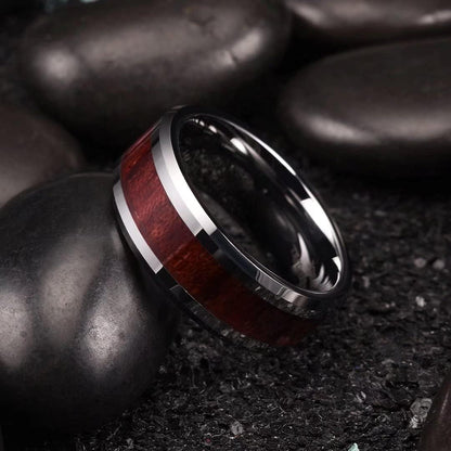 King Will Nature Koa Wood Inlay Tungsten Carbide Wedding Ring 8mm Rose Gold/Blue/Black/Silver High Polished Comfort Fit