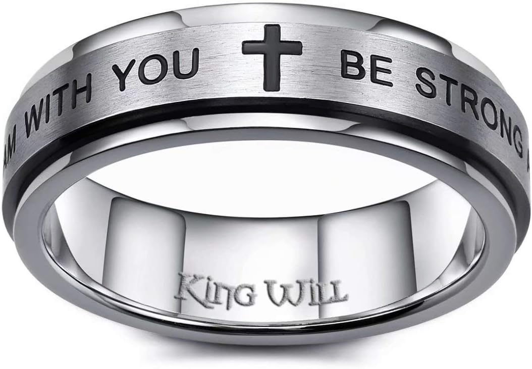 King Will 6mm 8mm Silver Rose Gold Titanium Spinner Ring Fidget Anxiety Ring for Men High Polished Dice Pattern/Lord's Prayer Comfort Ring