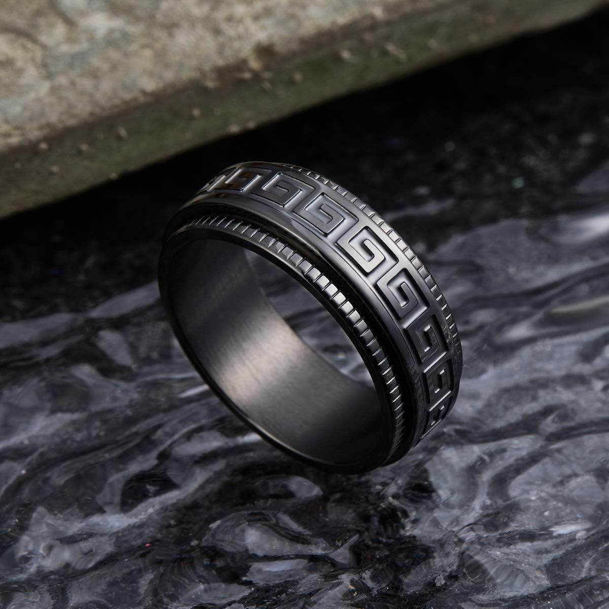 King Will 8mm Black/Silver Spinner Stainless Steel Ring Fidget Ring Anxiety Ring for Men Brushed Greek Key/Viking Pattern/Roman Numerals/Hammered Relieving Stress Ring