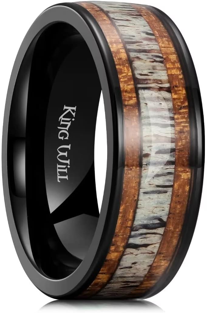King Will 8mm Black Titanium Ring Sapele Wood Antlers Inlay Wedding Ring High Polished for Women Men Comfort Fit