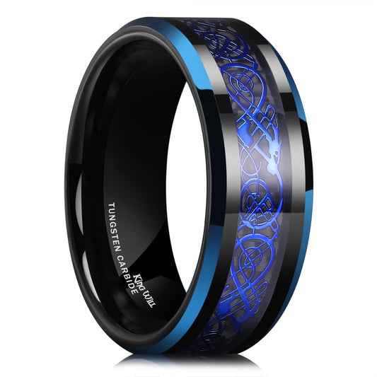 King Will DRAGON Men's 8mm/6mm/5mm Red/Green Carbon Fiber Black Celtic Dragon Tungsten Carbide Ring Comfort Fit Wedding Band