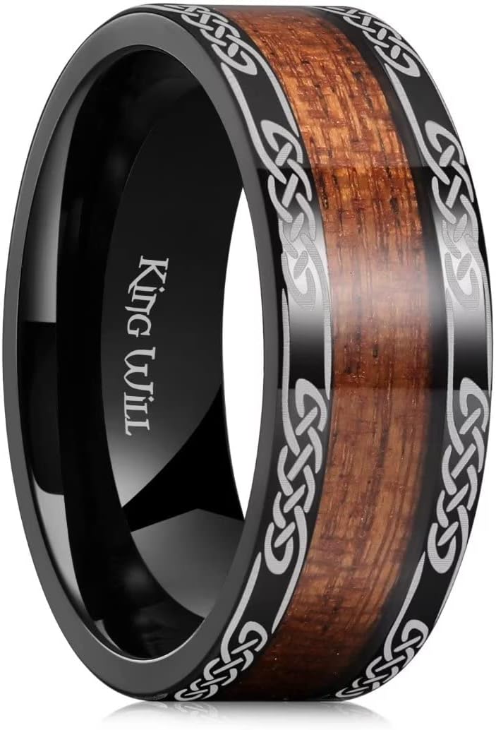 King Will NATURE 7mm 8mm Titanium Ring Black/Silver/Green with Wood Inlay Wedding Band Ring for Men Real Comfort Fit