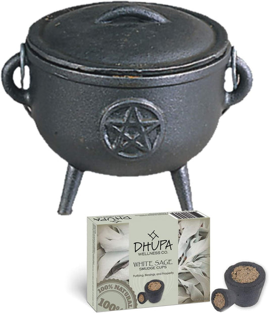 Cast Iron Cauldron with Lid and Carry Handle for Spells Wax Melt Burner, Smudging, Ritual & Blessings | Includes 6 Free Incense Smudge Cups (4.5 Inch, Pentagram)