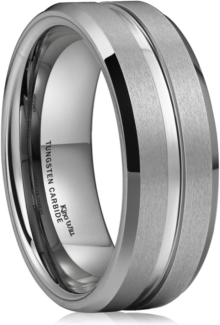 King Will Classic Tungsten Carbide Wedding Band Ring for Men - Available in Black, Silver, Gold, Blue, Brown, Red, and Purple Grooved Center Comfort Fit Suitable For Every Day Wear