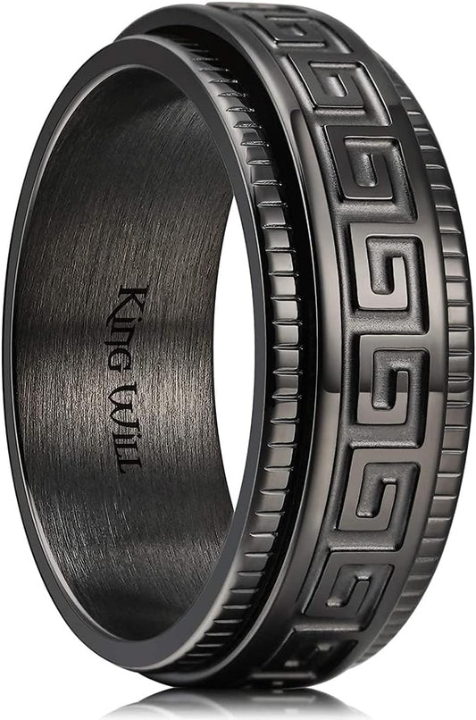 King Will 8mm Black/Silver Spinner Stainless Steel Ring Fidget Ring Anxiety Ring for Men Brushed Greek Key/Viking Pattern/Roman Numerals/Hammered Relieving Stress Ring