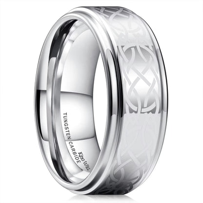 King Will 8mm Black/Silver/Blue Mens Tungsten Carbide Ring Laser Celtic Knot/Wolf Head/Dragon Polish Edge Wedding Band Size 7-14