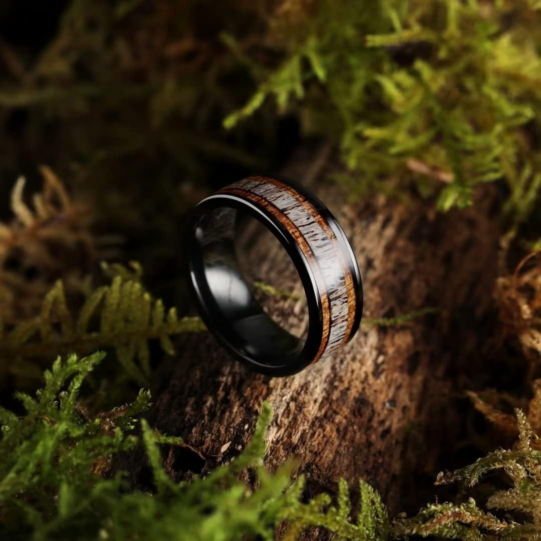 King Will 8mm Black Titanium Ring Sapele Wood Antlers Inlay Wedding Ring High Polished for Women Men Comfort Fit