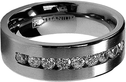 8 MM Men's Titanium ring wedding band with 9 large Channel Set Cubic Zirconia CZ sizes 6 to 15