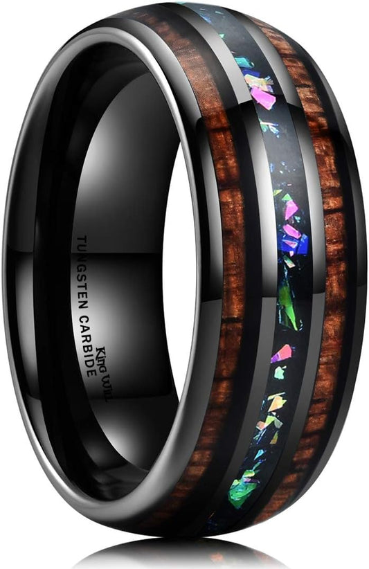 King Will Nature 8mm Turquoise Tungsten Carbide Wedding Ring Abalone Shell Opal Inlaid Real Wood Engagement Band for Men