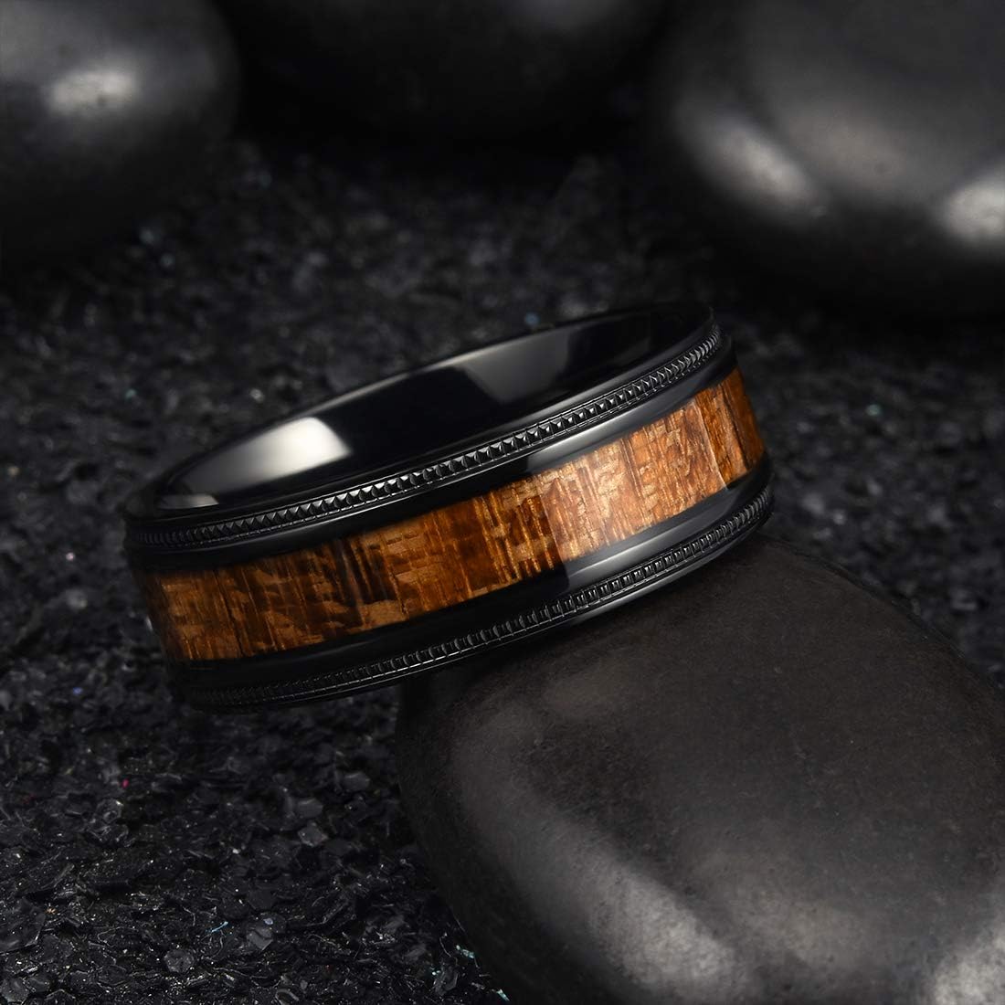 King Will NATURE 7mm 8mm Titanium Ring Black/Silver/Green with Wood Inlay Wedding Band Ring for Men Real Comfort Fit