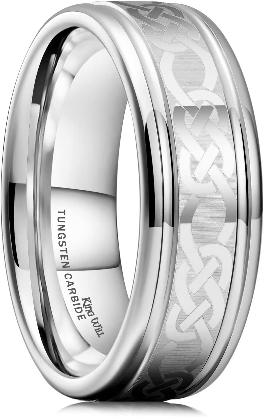 King Will Silver Black Celtic Knot/Greek Key Tungsten Wedding Rings Two Grooves Edge Laser Polished Celtic Knot/Greek Key Center and Matte Brushed Surface Wedding Band for Men Women