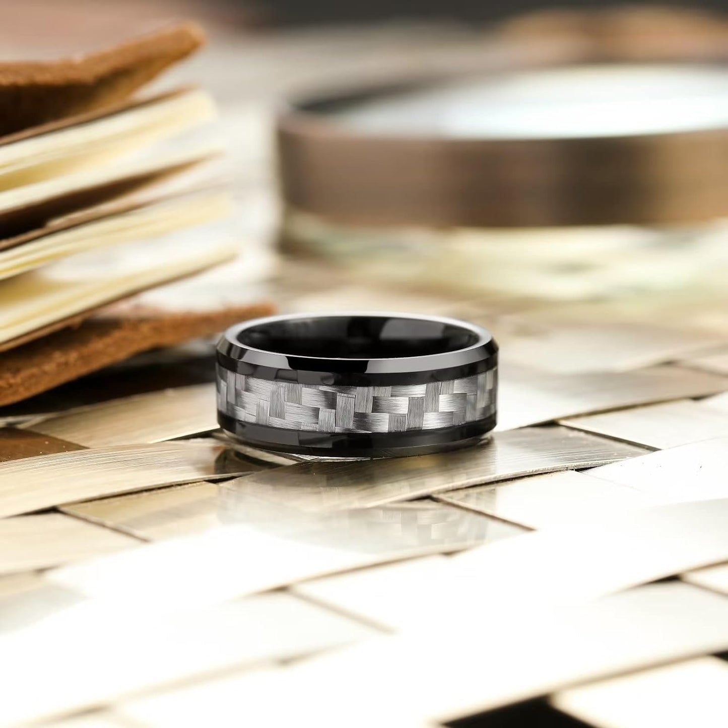 King Will GENTLEMAN 8mm Black/Red/Green/Blue/Silver Carbon Fiber Inlay Tungsten Carbide Ring Black Wedding Band Polished Finish Edges Men’s Ring Comfort Fit for Men Women