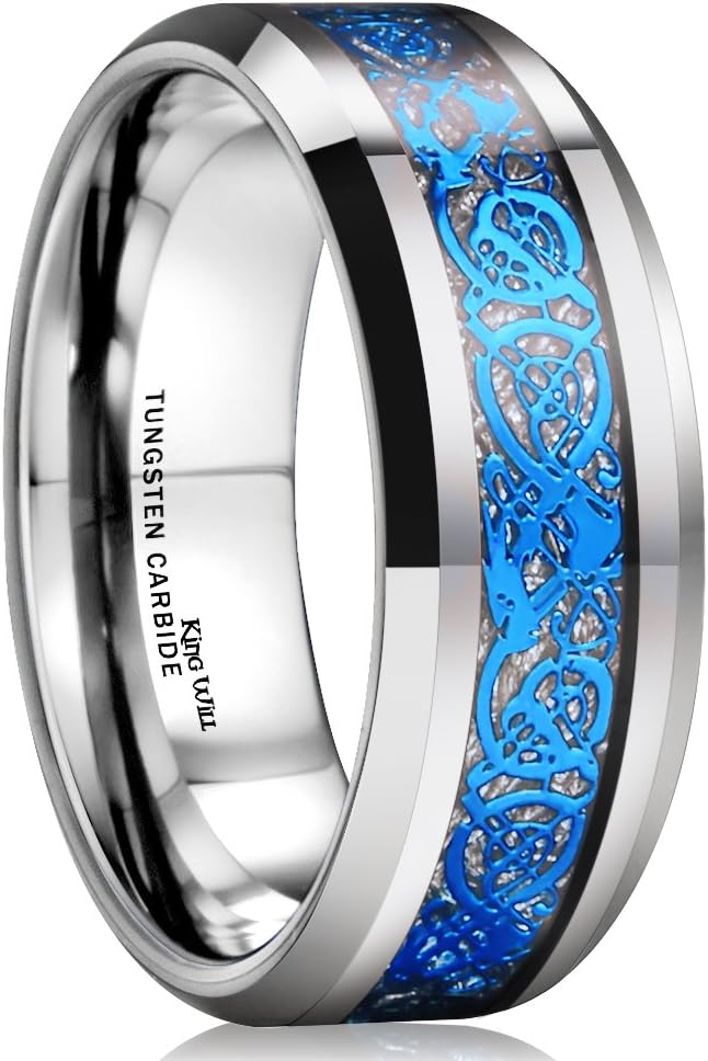 King Will Men's 8mm Green/Red/Blue/Purple Carbon Fiber Black Celtic Dragon Tungsten Carbide Ring Comfort Fit